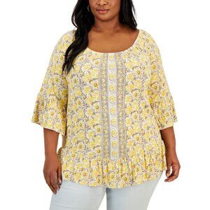 Style & Co. Plus Size 0X Yellow Floral Printed On-Off Top with 3/4 Sleeves NWT